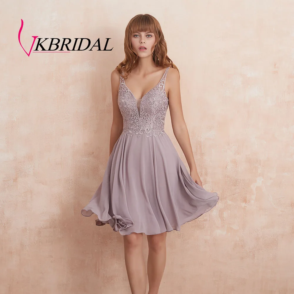 VKBRIDAL сексуальные короткие платья для выпускного вечера с открытой спиной шифоновые аппликационные кружева с бисером милые платья для выпускного вечера