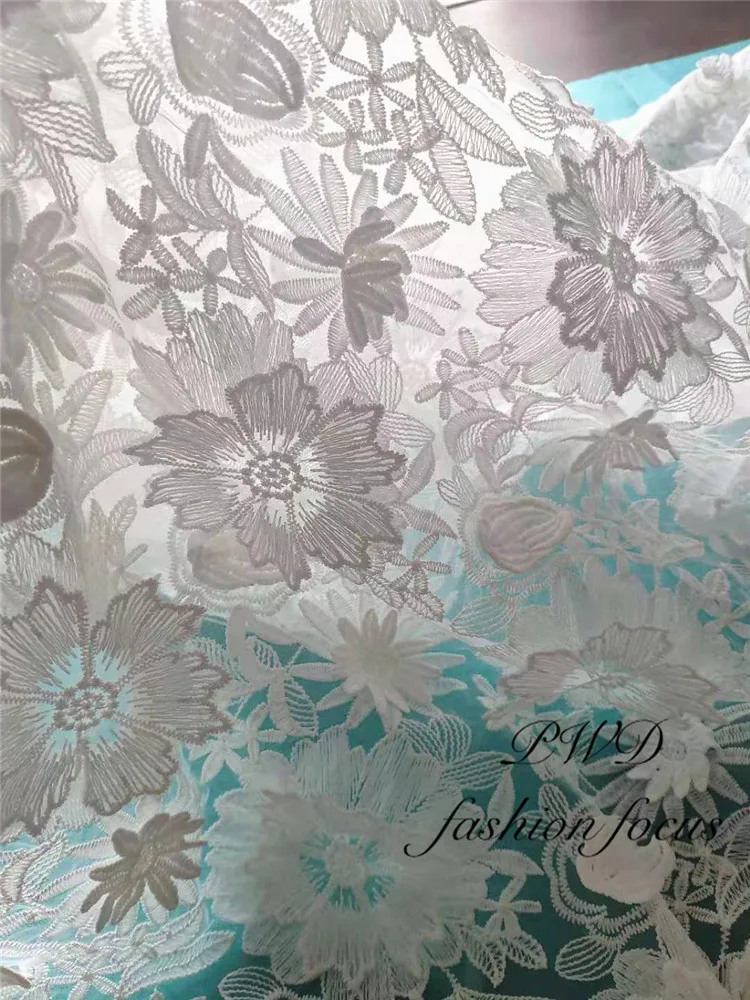 Off white чистая ткань 3D цветок кружевная ткань с цветочным принтом тюль сетка полиэстер материалы Африканская Хлопковая ткань для платья