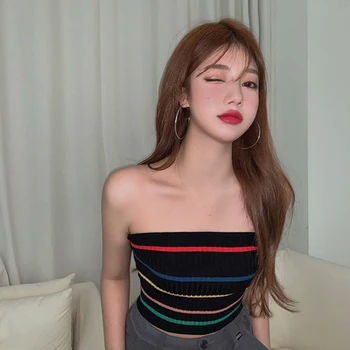 

Elastic Casual Strapless Women Tube Top Short Design Sexy Colorful Striped Female Girl Korean Style Woman Tops