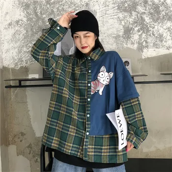 

Men's False Two Piece Loose Long Sleeve Lovers Style Patchwork Hawaiian Shirt French Cuff Mens Fashion Shirts Camisa Masculina