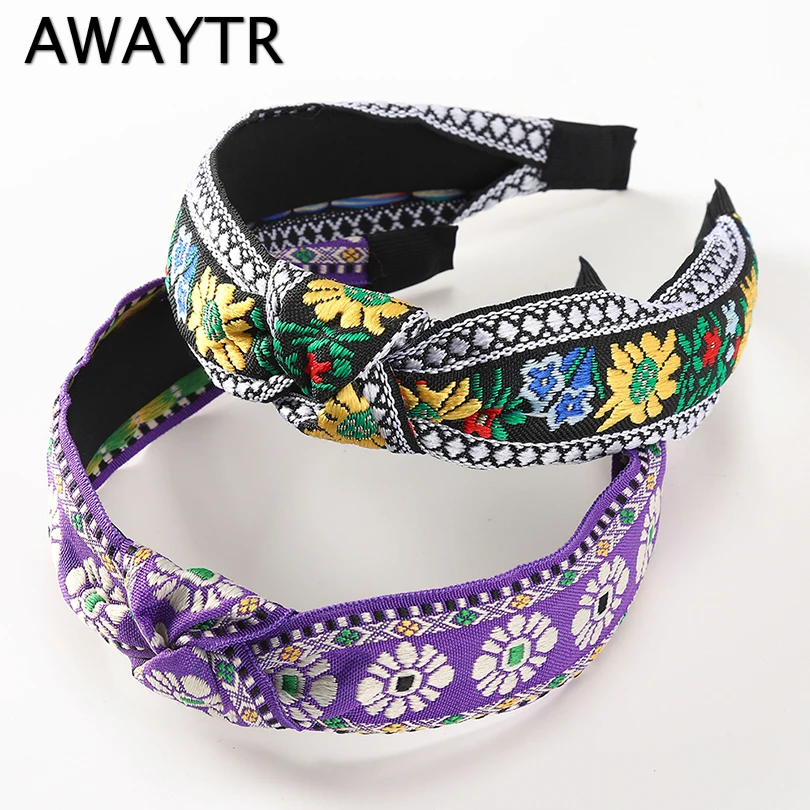

AWAYTR Retro Embroidery Weaving Headband Ethnic Flower Print /Plaid Head Bezel Hairbands for Women Girls Hair Hoop Accessories