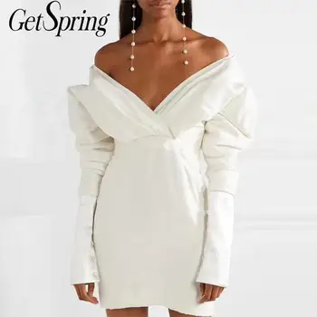 

Getspring Women Dress V-neck Lantern Sleeve Vintage Dresses Black White Long Sleeve V-neck Sexy Dresses Black White 2020 New