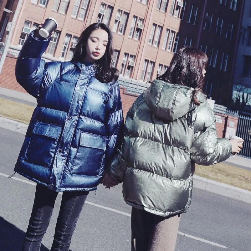 

20192018 Winter CHIC Bright Surface Bronze Short Best Friend Cotton-padded Clothes Women's Loose-Fit BF Korean-style Hooded Puff