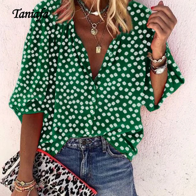 US $12.31 Tanifa 2019 Fashion Floral Print Shirts Women V Neck Long Sleeve Button Tops Casual Loose Plus Size