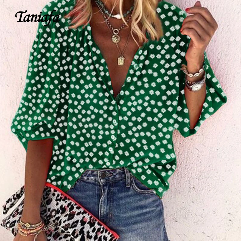 Tanifa 2021 New Fashion Daisy Floral Print Shirts Women V Neck Long Sleeve Button Tops Casual Loose Plus Size Blouse