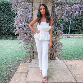 

2020 Women Fashion two 2 Pieces White Ruffles Bandage Jumpsuit Backless Strapless Zipper Verano Sheath Celebrity Party Jumpsuits