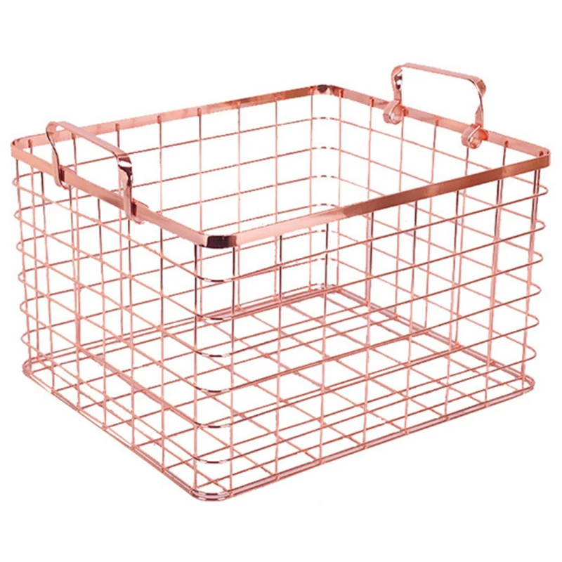 

Metal Storage Basket Chic Nordic Handmade Iron Net Table Shelves Basket Bath Clothes Cosmetics Storage Basket-Rose Gold