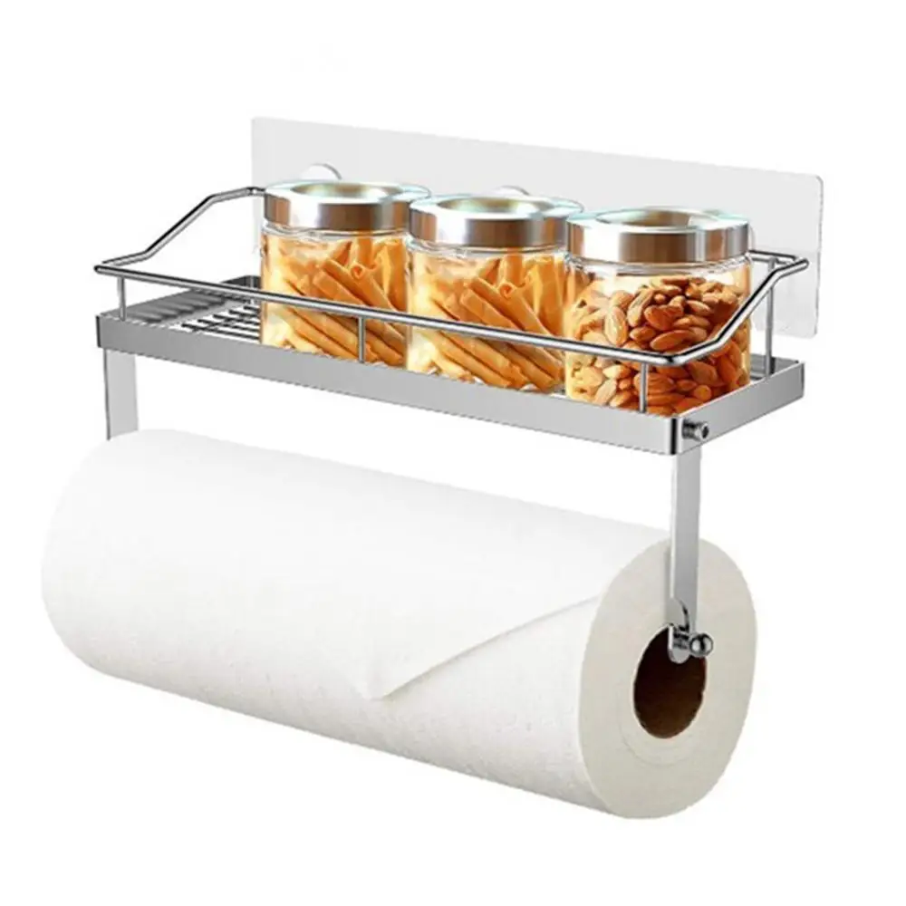 Self Adhesive Paper Towel Holder Shelf Stainless Steel Wall Mount Towel Holder Kitchen Storage Basket