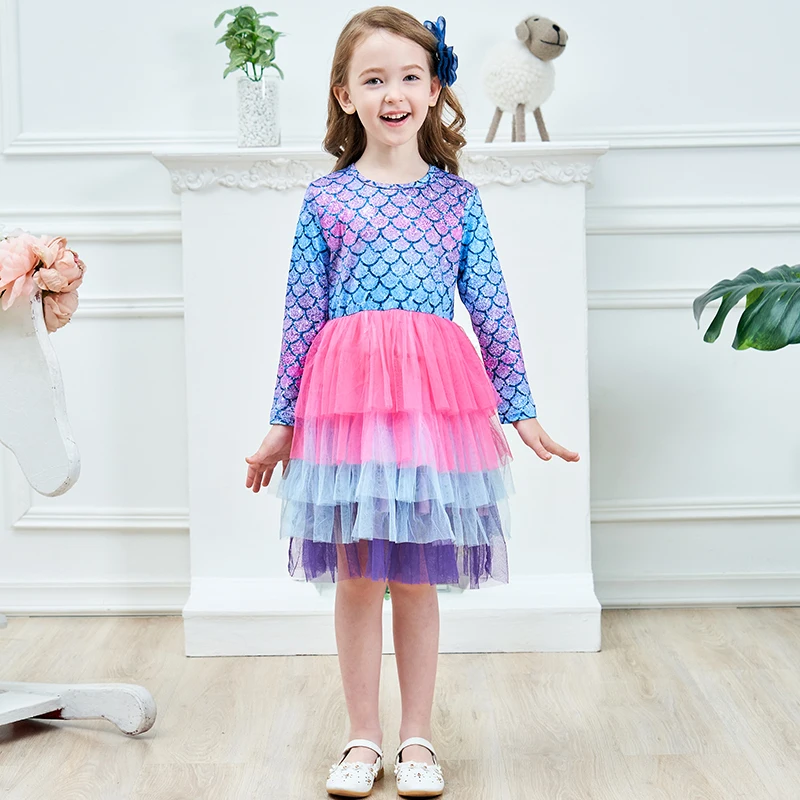 DXTON/Детское платье принцессы; платье для девочек с блестками и сердечками; зимняя детская одежда с длинными рукавами; детское праздничное платье-пачка с расклешенными рукавами