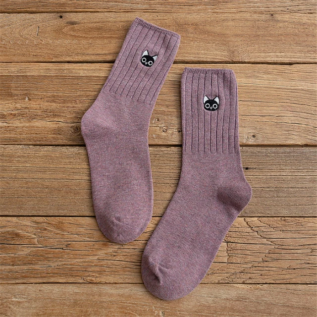 Cartoon Cat Embroidery New Cotton Short Socks Fashion Japanese Solid Color Concise Women Sock Spring Autumn Winter Cute Socks SK052-8