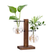 Винтажная деревянная гидропонная подставка для вазы, настольная Цветочная стеклянная лампа, ваза для растений, украшения для рабочего стола офиса