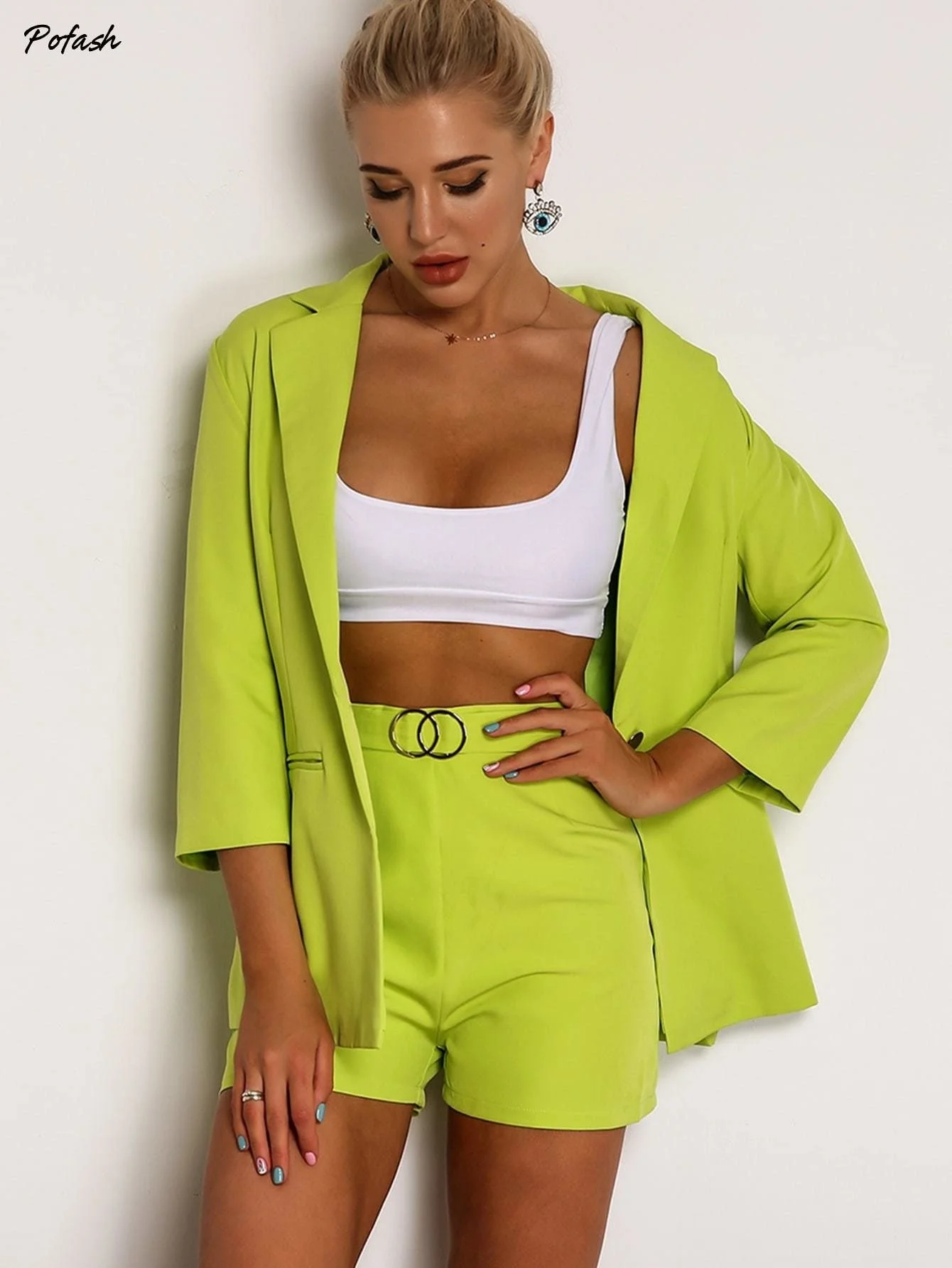 Joyfunear Neon Green Single Button Blazer & Ring Detail Short Set Joyfunear Neon Green Single Button Blazer & Ring Detail Short Set