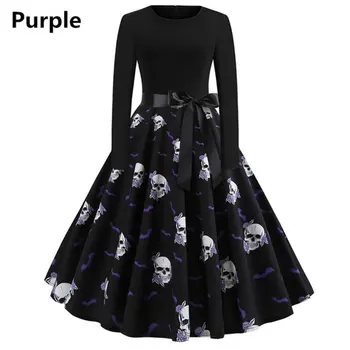 

Halloween Printing Long Sleeve Dress With Belt Retro Round Neck Printing Long Sleeve Dress Christmas Costume Party Dress