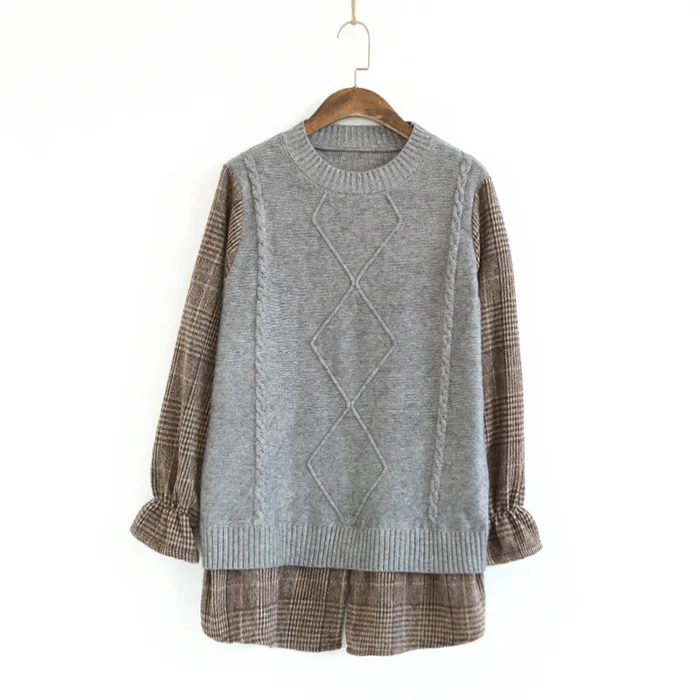 Faux two pieces plaid knitted patchwork sweater female autumn
