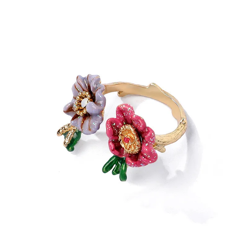 

European and American jewelry hand-painted enamel glaze flower open ring, personalized fashion gold-plated adjustable ring femal
