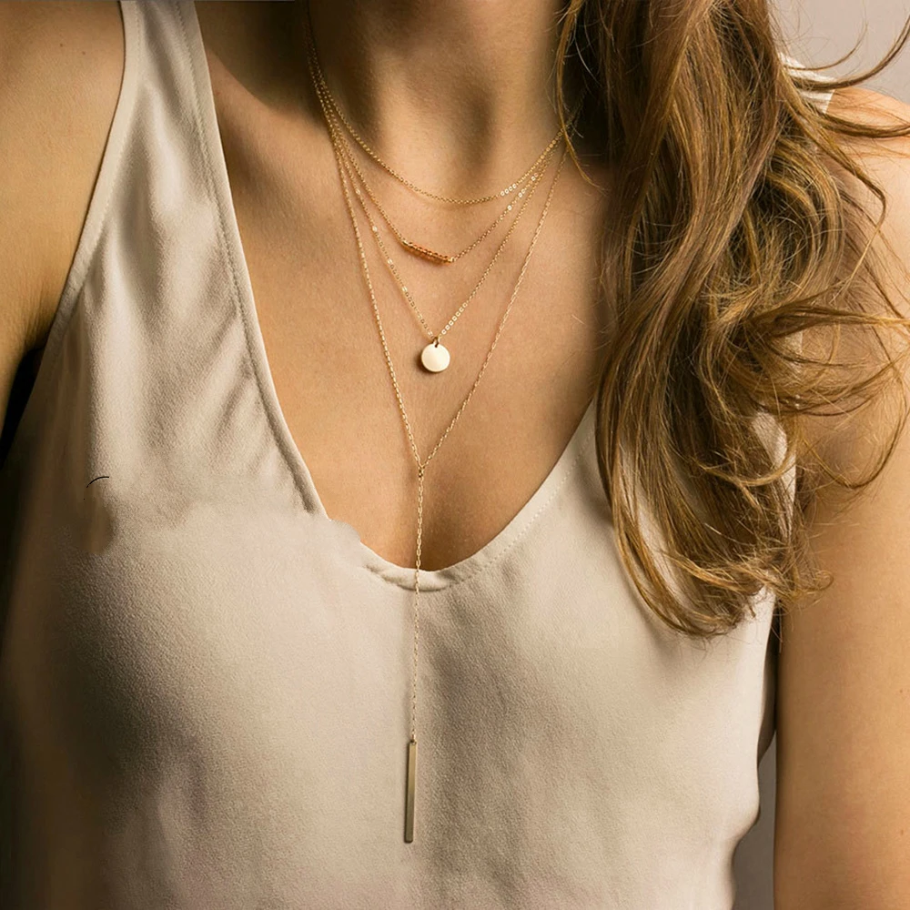 4 Set Multi Layered Necklace for Women Stainless Steel Pendant Gold Choker Long Chain Jewelry Gifts Couple | Украшения и