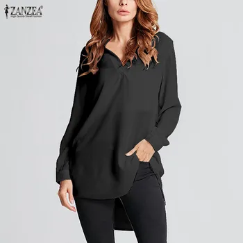 

Women Fashion Solid Chiffon Mini Dress ZANZEA Ladies Casual Long Sleeve V-Neck Sexy Shirt Dress Plus Size Asymmetrical Long Tops
