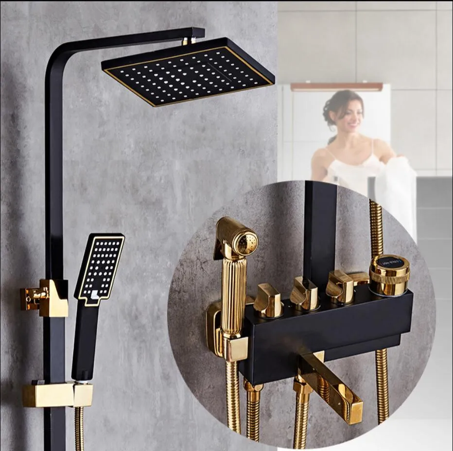 black and gold Vidric Европейский стиль, квадратный смеситель для ванны и душа, латунный черный и золотой настенный смеситель для душа, набор с дождевой насадкой для душа - Цвет: black and gold