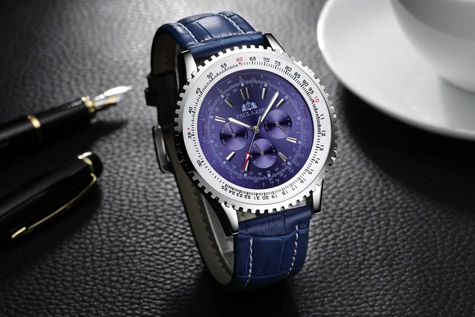 Bracelet en cuir véritable pour hommes, mécanique à remontage automatique, en acier inoxydable, noir, marron, bleu, sport, grande taille 50mm_voghion.com