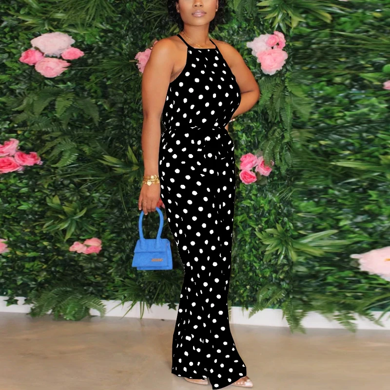 Women Casual Sleeveless Polka Dot Jumpsuits Halter Backless Long Pants Wide Leg Summer Jumpsuit