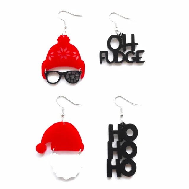 Trendy Christmas Red Santa HOHOHO Black Letters And Snow Beanie Glasses Fudge Sweets Logo Acrylic Dangle Earrings For Women