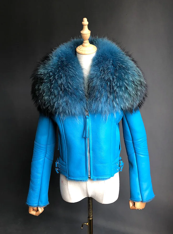 Женская куртка из натуральной кожи, модное пальто из натуральной овчины, куртка с большим воротником из натурального меха, Женское пальто из овечьей кожи - Цвет: blue