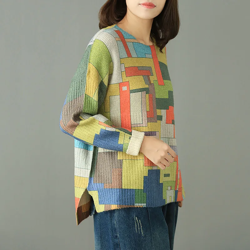 Autumn Winter Sweater Women Retro Large Size Knitting Loose Pullovers New Tops O-Neck Geometric Pattern Ladies Sweater