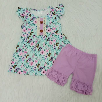 

RTS baby girls flutter sleeve tunic ruffle shorts kids boutique outfits clothing sets fashion summer floral top children clothes