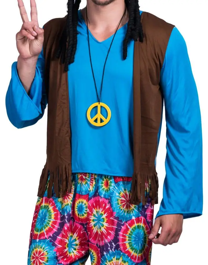 Для мужчин 70s ретро Hippie Peace и любовь Свободный жилет карнавальный костюм вечерние Винтаж для взрослых мальчиков наряды одежда костюмы для Хэллоуина