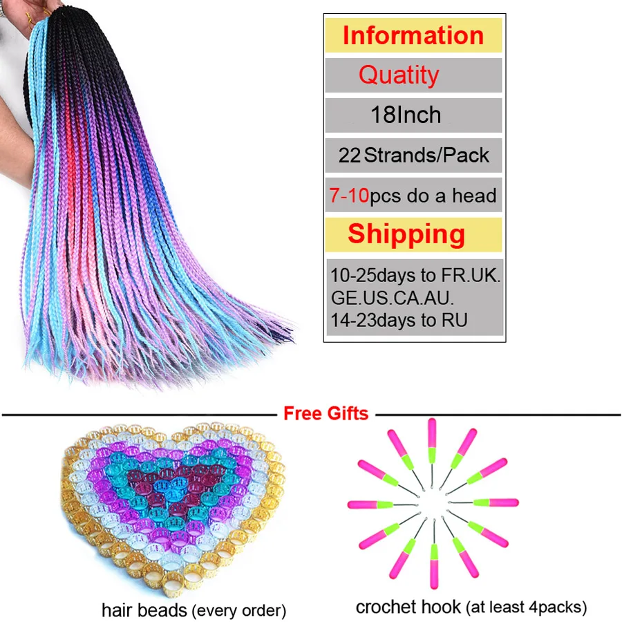 TOMO Synthetic Crochet Hair Box Braids 22Roots Colored Braiding Hair Extensions 24Inch Rainbow Ombre Crochet Braids Pink Red crochet hair extensions