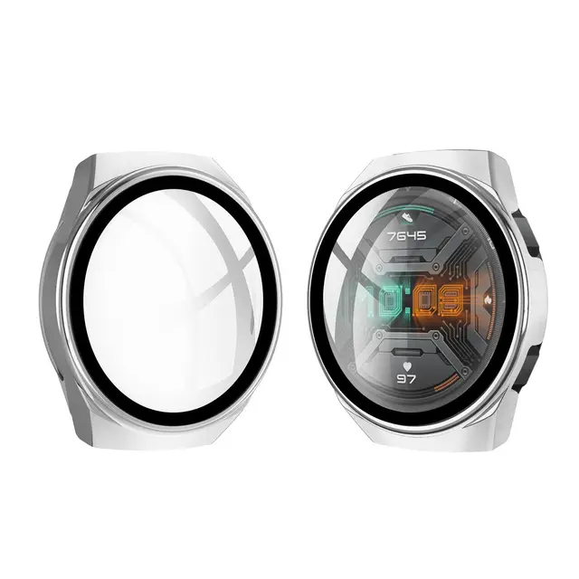 Case for Huawei Watch GT 2E GT2E GT2 GT 2 42mm 46mm Full Coverage Bumper Case Cover with Tempered Glass Screen Protector Silver