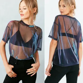 

Women Summer Sexy Mesh T-Shirt Women Short Sleeve Shirt Crew Neck Women's Loose Transparent Tees Tops Hollow T Shirt