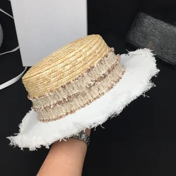 

French elegant straw patchwork flat top female temperament sweet cotton wide-brim grass holiday sun hat