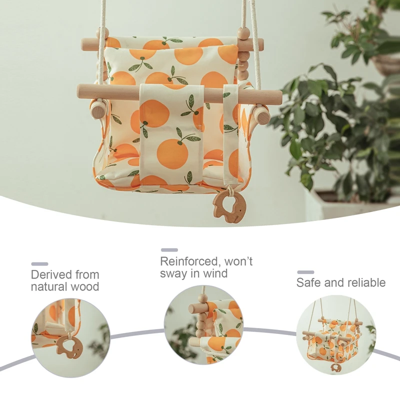 Wooden Hanging Swing Seat Adjustable Safety Canvas INS Portable Baby Cushion Hammock 0-12 Months Toddler Outside Swing Chair 5
