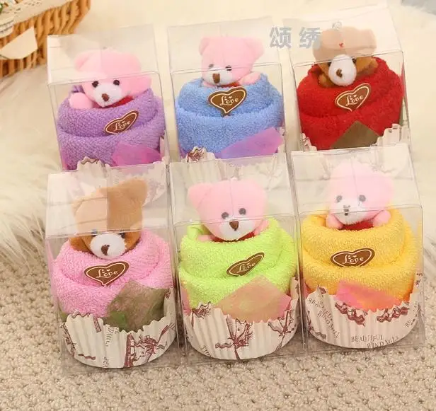 10 Sets 30x30cm Creative Towels Mini Bear Cup Cake Pack Microfiber fabric  Hand Towels Face Washing Towel Party Wedding Gifts