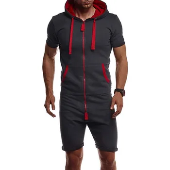 

2020 Jumpsuit Men One-piece Garment Pajama Playsuit Short Sleeve Summer Overalls Zipper Hoodie Male Onesie Streetwear Overalls