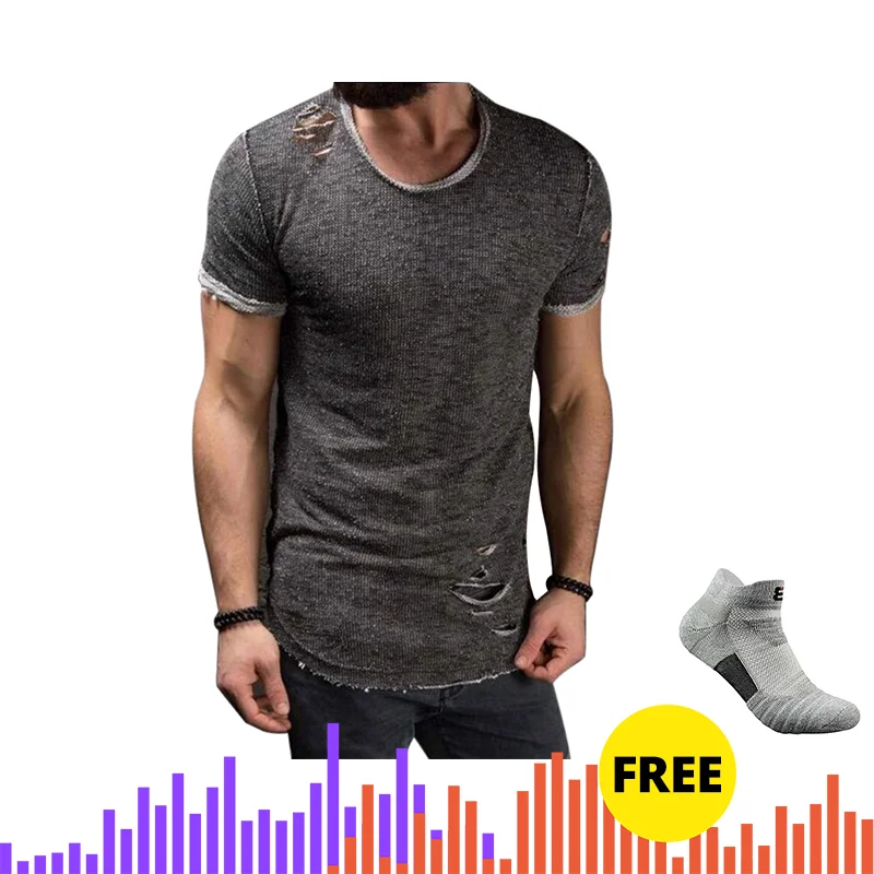 

Adisputent Summer Ripped Clothes Men's Hole T-Shirt Solid Muscle Slim Fit O Neck Short Sleeve Casual Tops T Shirts 2019 New