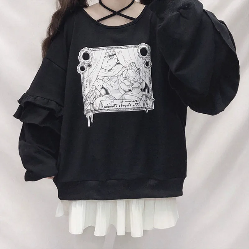

Deeptown Kawaii Hoodie Autumn Winter Fashion Print Sweatshirt Long Sleeve Tops Plus Size Cute Casual Pullover Black Hoodie Women