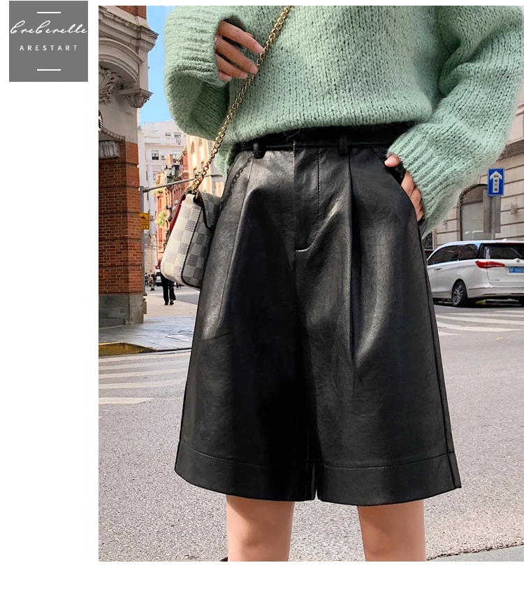 S-3XL Fashion PU Leather Shorts Women's Autumn Bermuda Elastic Waist Loose Five Points Leather Trouser Plus Size Shorts MT793 women's fashion