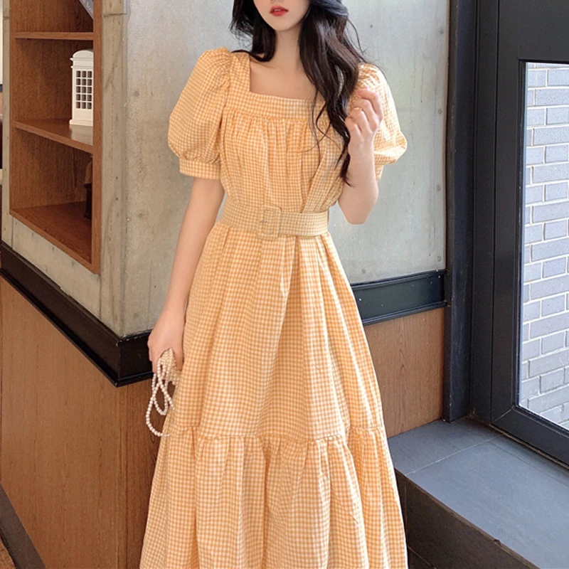 Vintage Dresses Free Belt Woman Summer elegant Korea court Style square  Collar Cotton plaid long Dress Retro 2022 vestidos kleid|Dresses| -  AliExpress