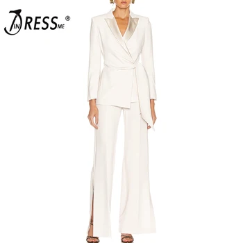 

INDRESSME Fashion Women 2019 Autumn New OL Suits Two-Piece Set V-neck Long Sleeve Sashes Wrap Blazer Split Wide Leg Pants Suits