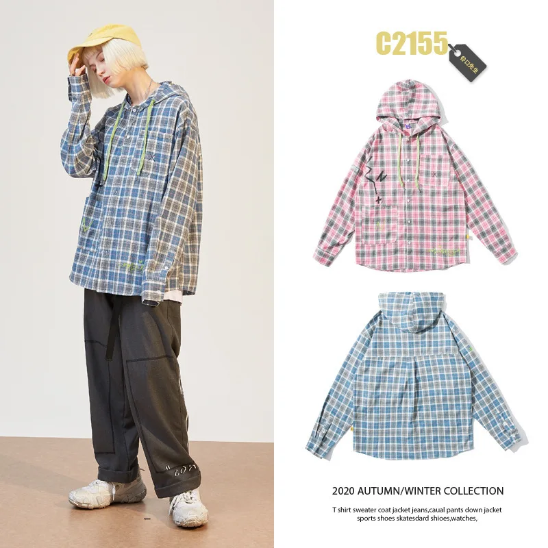 

Panda Stock 2020 Spring New Style Japanese-style National Trends Couples Unisex Cardigan Hooded Plaid Shirt MEN'S Outerwear