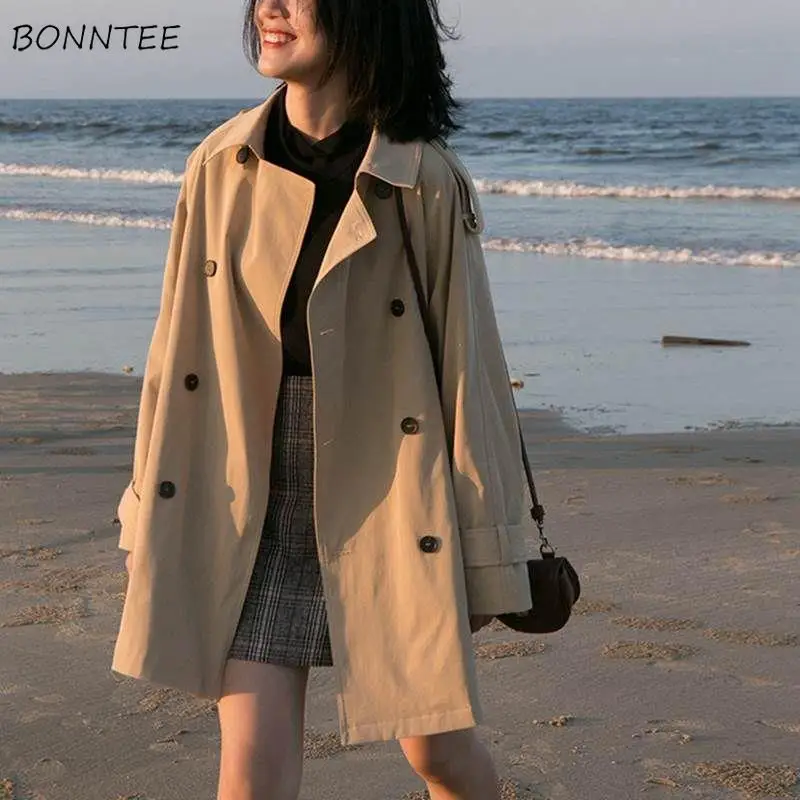 Gabardina con cuello vuelto para mujer, abrigo holgado de doble botonadura, estilo Harajuku, elegante, para estudiantes y estilo BF