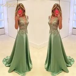 BeryLove блестящие атласные зеленые вечерние платья для выпускного вечера 2019 Элегантные Золотые Аппликации женские длинные модные