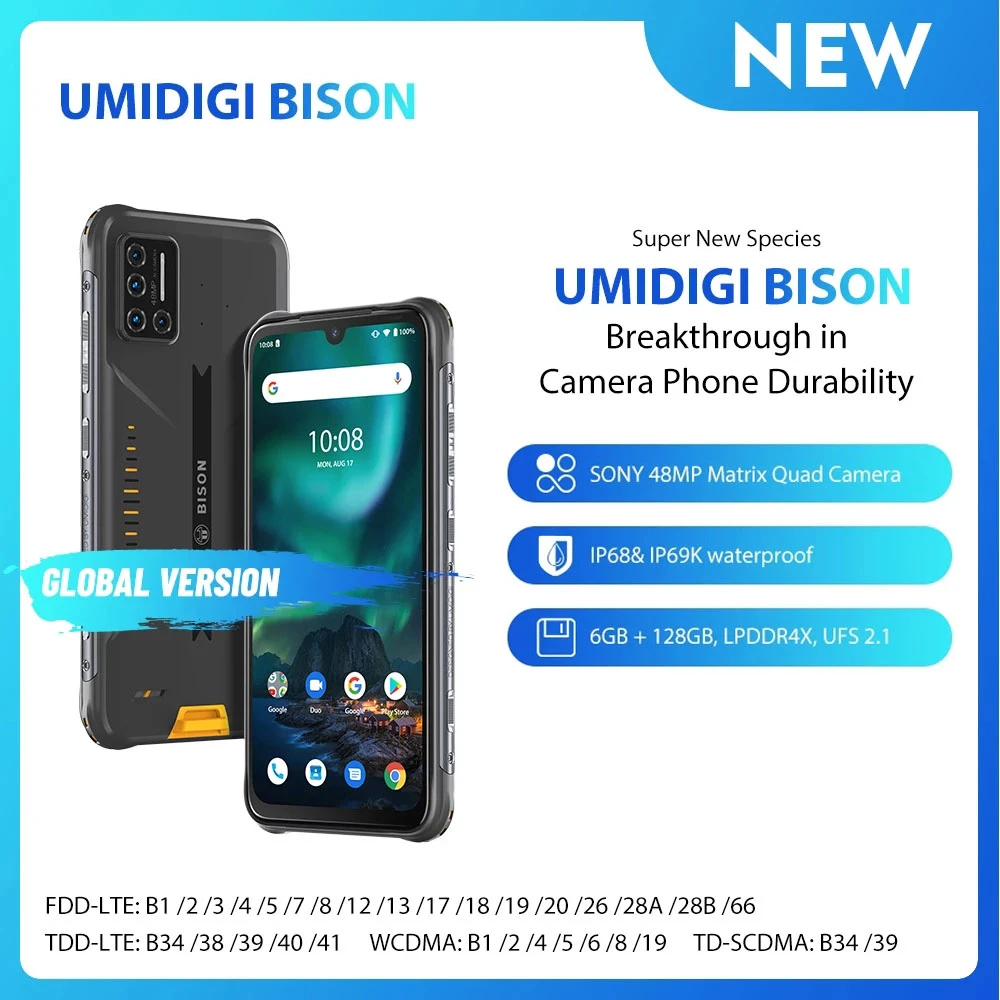 UMIDIGI BISON Smartphone  IP68/IP69K Waterproof Rugged Phone 6GB+128GB NFC Android 10 48MP Matrix Quad Camera 6.3" FHD+ Display poco best smartphone