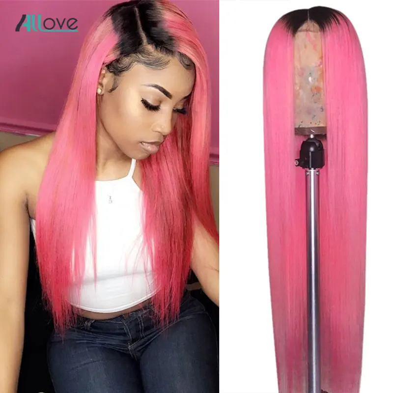 Allove розовый парик 13х4 прямые человеческие волосы парики 150% Ombre Оранжевый кружево
