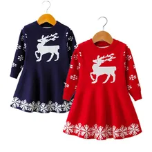 Осенне-зимнее рождественское платье с длинными рукавами для девочек; одежда с рисунком олень; Снежинка; рождественские вечерние платья для девочек; красные вязаные наряды принцессы