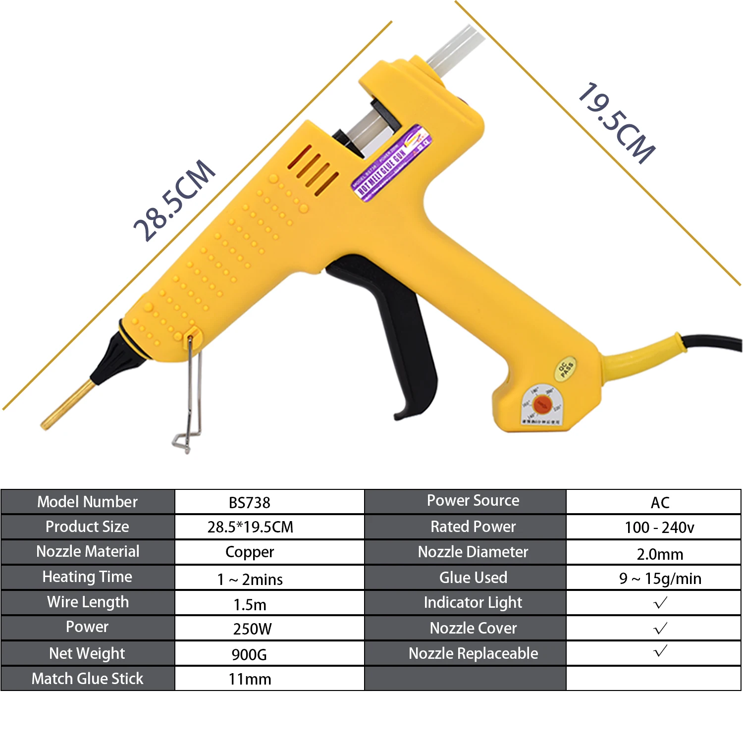 Professional 250W Hot Melt Glue Gun Adjustable Temperature High Power Silicone Gun Set Using 11MM Glue Stick 2.0MM Copper Nozzle hot melt glue gun hot glue gun