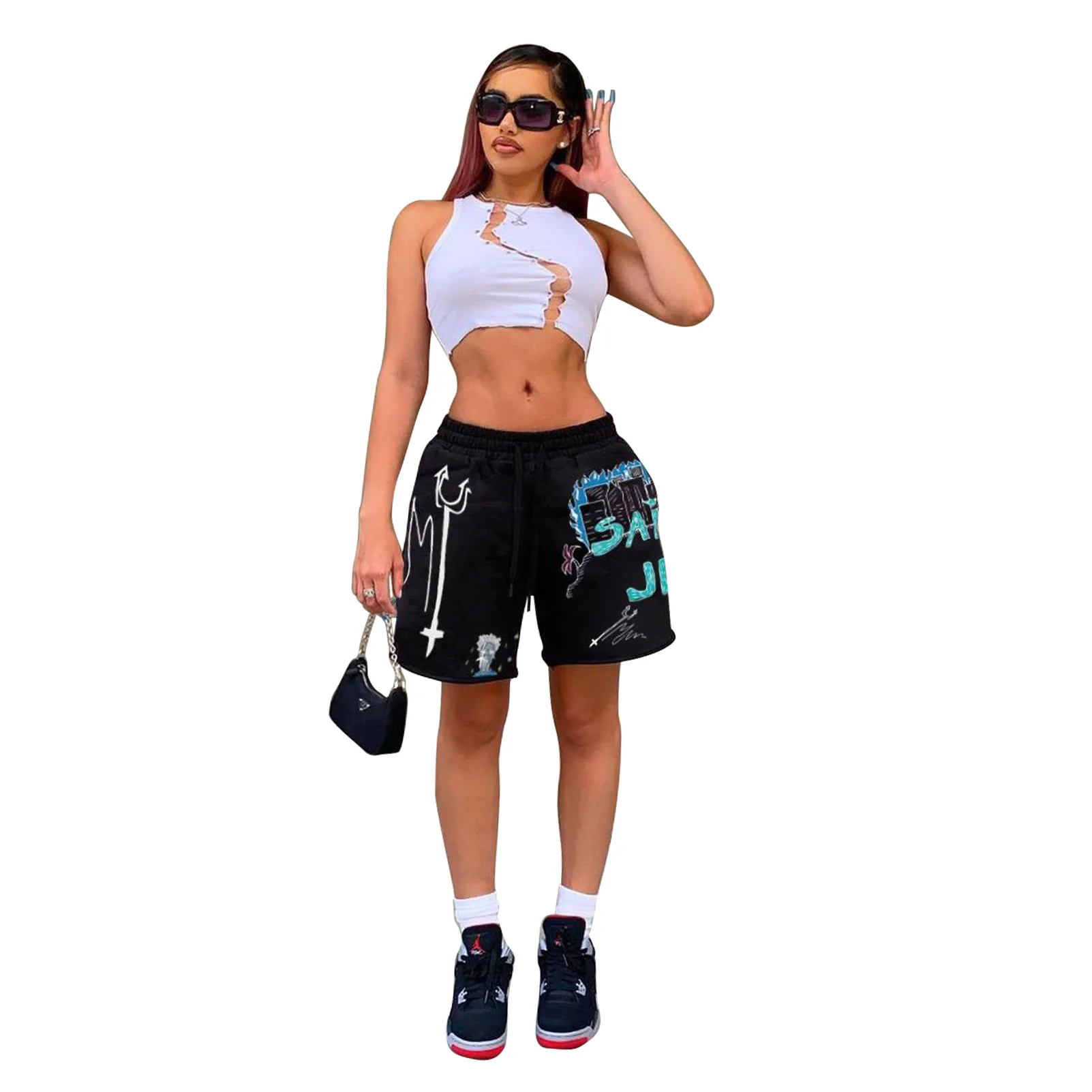 RMSFE 2021 Summer Women New Sweater Fabric Fashion Multicolor Printing Wearing Rope Three Pocket Shorts workout clothes for women