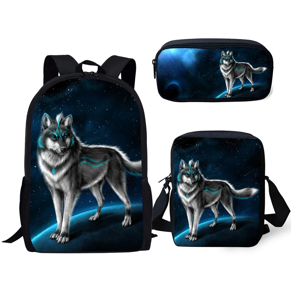 

Fashion Kids Backpacks Set Moon Wolf Pattern School Bags Cartoon Animal Students 3PCs/Set Backpack/Flaps Bag/Pen Bags
